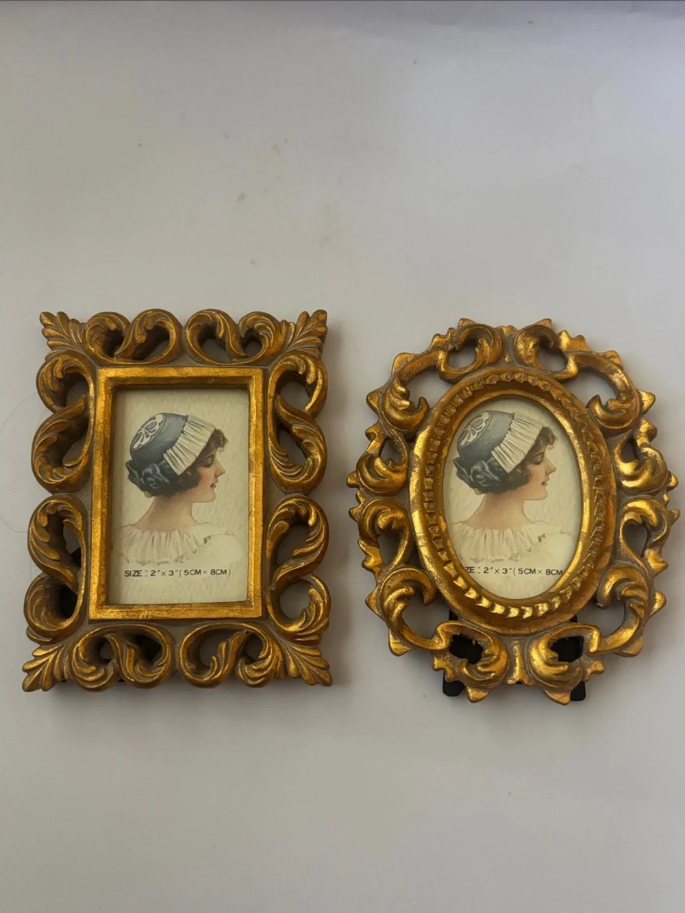 2 Vintage Ornate Gold Resin Rococo Baroque Mini Picture Frames Glass Front